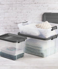 Three Box Stacker Modular Clear Storage Bin 16 Qt Organizer For Home And Garage Durable Plastic Stackable Bin With Secure Lid shown