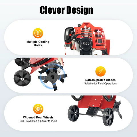 52CC Gas Powered Tiller Cultivator for Lawn and Garden with multiple cooling holes, narrow-profile blades, and widened rear wheels.