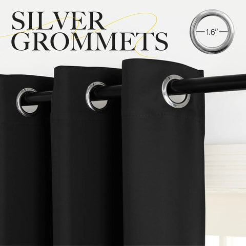 Fire Retardant Blackout Curtains, 52 Inch Wide By 84 Inch Long, Two Panel Set, Light Blocking Privacy Drapes, silver grommets detail