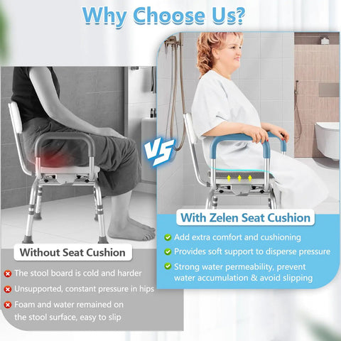 Comparison of a shower transfer bench without and with Shower Seat Cushion For Inside Shower And Bath Chair Pad Padded Transfer Bench Pillow.