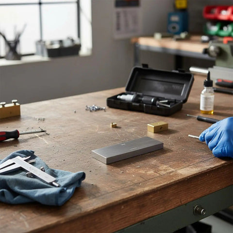 Pro Grade High Steel Gauge Block Set For Precise Measurements, 64 Hardness, 0.5-100mm Range, Ideal For Workshop Calibration And Inspection, Durable Metrology Tool For Hobbyists And Pros. shown on a workshop bench with caliper and case