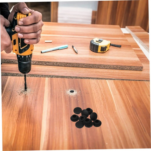 Get This Sweet Silicone Screw Plug Kit With A Cool Slot Design For Furniture And Cabinets And Ensure It Stays Put While Adding Style To Home Decor Today. Black silicone screw hole plugs on wood panel with drill and furniture repair work.