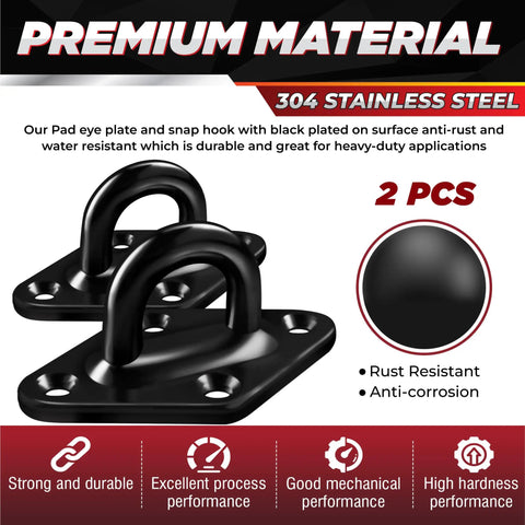 Ultra Heavy Duty Hammock Hanging Kit 1700 Lb Capacity with 2 M10 stainless pad eye hooks shown in black coating