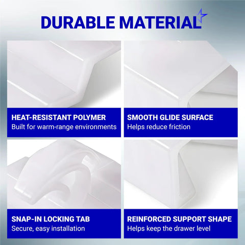 Heat-resistant polymer drawer glide features, smooth surface and snap-in locking tab, Heavy Duty Replacement Range Oven Drawer Glide Kit Includes Front and Rear Slides Fits Parts 3051162 and 3051163.