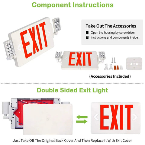 Red Exit Sign LED Emergency Light Kit 120-277V Universal Voltage Double Face With Two Adjustable Heads And Backup Battery