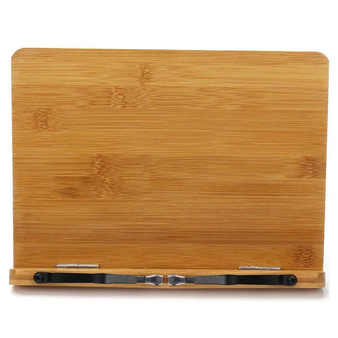 Front view of Bamboo Adjustable Book Stand With Tray And Clips, Portable Reading Desk for Cookbooks and Textbooks.