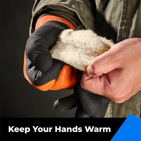 Person wearing 100% Waterproof Winter Work Gloves For Men And Women With Thermal Insulation Double Layer Fully Dipped Latex holding fleece