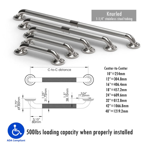 Dual Pack One And A Quarter Inch ADA Safety Grab Bar With Knurled Anti Slip Grip In Stainless Steel 304 Brushed Nickel Finish Concealed Flange Mount Supports Up To 500 Pounds shown in different sizes with measurements and ADA compliant label