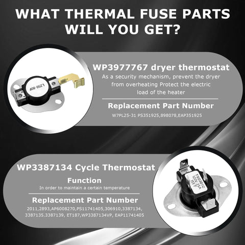 Image showing WP3977767 dryer thermostat and WP3387134 cycle thermostat for Heavy Duty Dryer Heating Element Kit Replacement W10724237 3403585 279838 For Multiple Dryers, No Fuss Install, Plug And Play, Compatible With Popular Models, Easy Install, Long Lasting Heating Element Replacement.