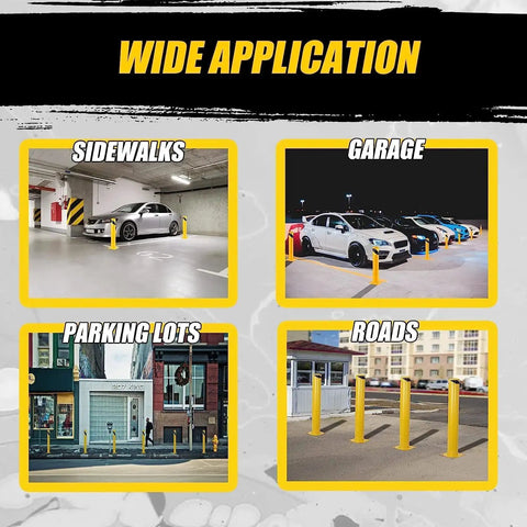 Solid As A Rock Yellow Safety Bollard Set Of Six, 42 Inch Tall Steel Posts for driveways, parking lots, and roads.