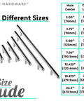 Graphic showing size guide for Premium Solid Stainless Steel Euro Style Bar Pulls, 7 different lengths in polished chrome finish.