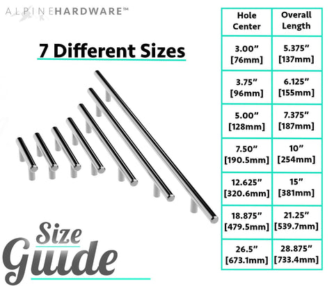 Graphic showing size guide for Premium Solid Stainless Steel Euro Style Bar Pulls, 7 different lengths in polished chrome finish.