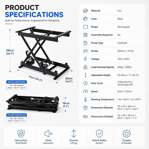 Heavy Duty Electric Scissor Lift Table With 60kg Load Capacity And Adjustable Height Of 7.1 To 26.7 Inches specifications image, showing dimensions and features.