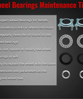 Wheel bearings set with maintenance tips text, featuring round metal bearings and seals on a black background.