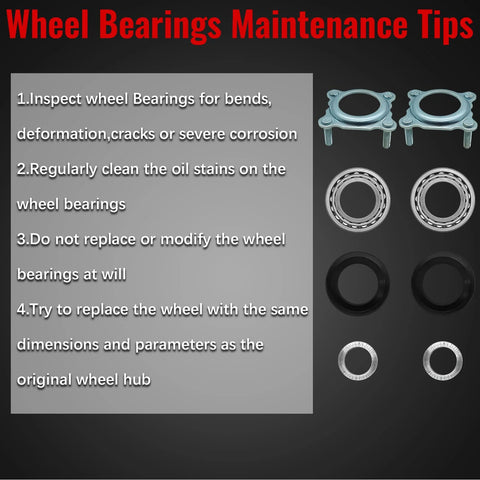Wheel bearings set with maintenance tips text, featuring round metal bearings and seals on a black background.