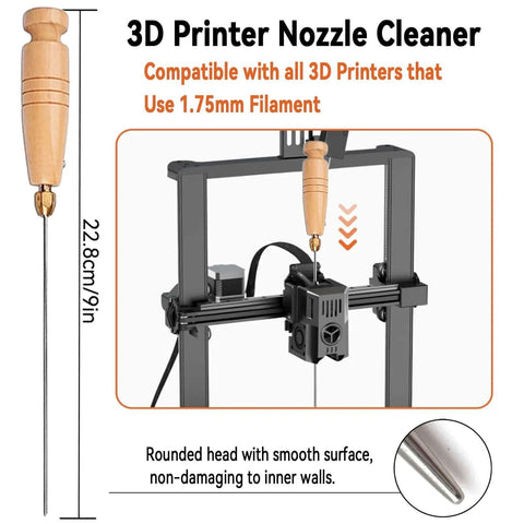 3D Printer Nozzle Cleaner tool with wooden handle and 9-inch reach for 1.75mm filament
