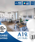 A19 LED Bulb 9W Equivalent 60W Daylight 5000K 850 Lumen E26 Base 120V Dimmable Energy Saving Light Bulb in living room