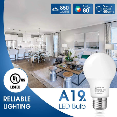 A19 LED Bulb 9W Equivalent 60W Daylight 5000K 850 Lumen E26 Base 120V Dimmable Energy Saving Light Bulb in living room