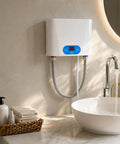 Heavy Duty Electric Tankless Water Heater Pumps Out Straight Up Instant Hot Water On Demand with a Sleek Digital Display and 5500 Watt Heating Element for Reliability You Can Count On in Your Kitchen or Bath Setup mounted above a modern sink.