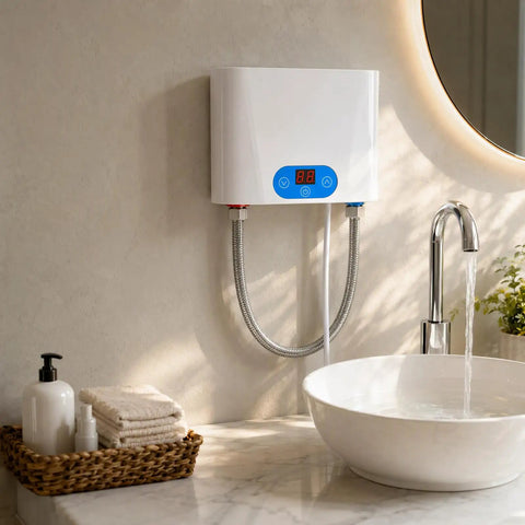 Heavy Duty Electric Tankless Water Heater Pumps Out Straight Up Instant Hot Water On Demand with a Sleek Digital Display and 5500 Watt Heating Element for Reliability You Can Count On in Your Kitchen or Bath Setup mounted above a modern sink.