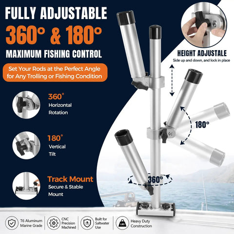 Three Rod Adjustable Trolling Rod Holder Tree For Boats With 360 Degree Rotation And 180 Degree Tilt, Marine Grade Aluminum, Height Adjustable Gunnel Track Mount Fishing Rod Holder System on boat track