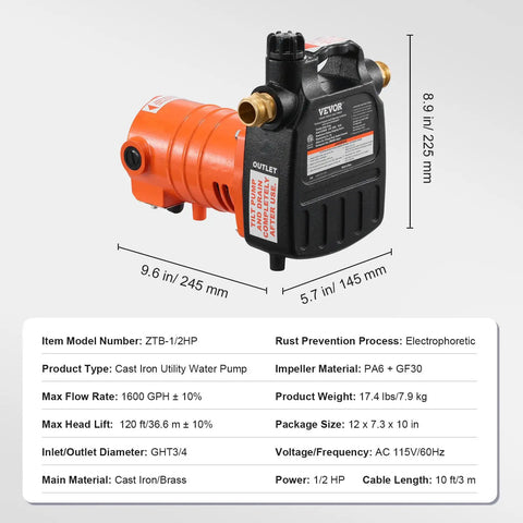 Portable 1600 GPH Water Transfer Pump With Half Horsepower, 115 Volt Electric Utility Pump dimensions and specifications chart