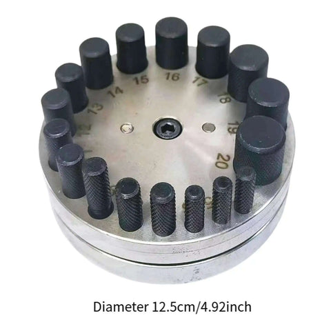 Round Disc Cutter Set For Jewelry And Metalworking Steel Pro Grade Kit With 17 Dies 4mm to 20mm, shown in top view on white background