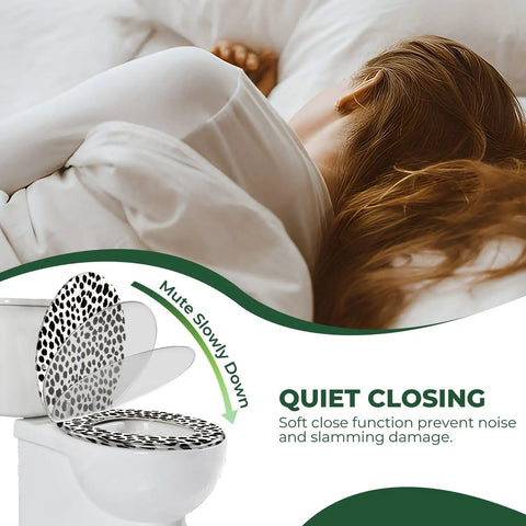 Elongated Resin Toilet Seat for Bathroom with soft close feature, designed to reduce noise, patterned seat with black spots.