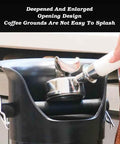 Top Shelf Coffee Grounds Knock Box With Splash Proof Tilted Opening Eight Point Six Liter Large Capacity Espresso Dump Bin Includes Trash Liners And Dry Towel Slick Matte White Build Zero Hassle Counter Cleanup showing enlarged opening for easy use.