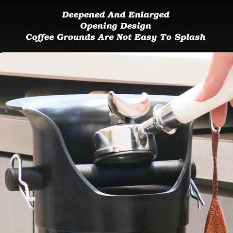 Top Shelf Coffee Grounds Knock Box With Splash Proof Tilted Opening Eight Point Six Liter Large Capacity Espresso Dump Bin Includes Trash Liners And Dry Towel Slick Matte White Build Zero Hassle Counter Cleanup showing enlarged opening for easy use.