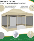 10x15 Heavy Duty Pop Up Canopy Tent With Sidewalls Pro Grade Gazebo for Outdoor Parties, khaki color with netting walls, steel frame.