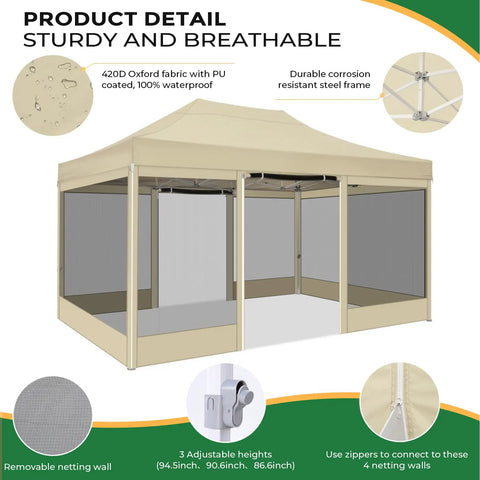 10x15 Heavy Duty Pop Up Canopy Tent With Sidewalls Pro Grade Gazebo for Outdoor Parties, khaki color with netting walls, steel frame.