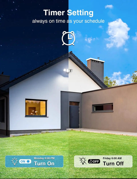 House with outdoor light controlled by 100W Smart LED Security Flood Light With Motion Sensor, day and night setting