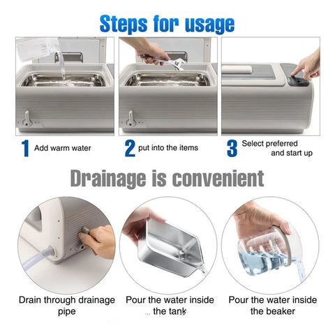 Steps for usage of Top Shelf Ultrasonic Vinyl Cleaner Featuring Digital Controls And Stainless Steel Basin with water and items.