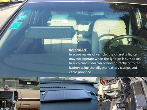 Solar Car Battery Trickle Charger And Maintainer For 12V Vehicles mounted on car windshield with cigarette lighter