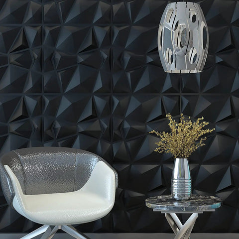 3D Paneling Set Textured Wall Design Bangin Black Diamond Finish Durable PVC Panels For Waterproof Heat Resistant Odorless Interior Walls Easy Cut Install Low Maintenance 19.7 By 19.7 Inches 12 Pack