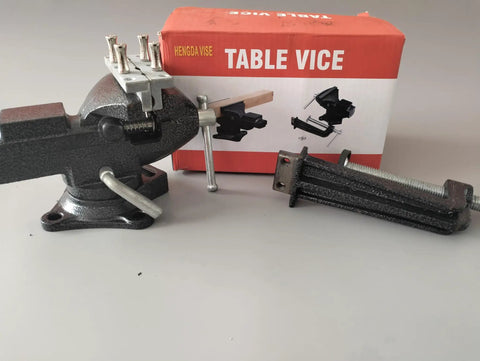 Versatile Clamp On Bench And Table Vise With 360 Degree Rotation Quick Adjustment Dual Purpose Jaw Heavy Duty Clamp For 4 Inch Base Clamping Range Home Shop And Workbench 3.3 Inch Jaw Size Black displayed with packaging