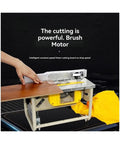 Badass Portable Woodworking Table Saw With Beefy Electric Motor And Quick 45 Degree Fence Locks For Dust Free Diy Carpentry And Slick Finish Cuts Around The House Today in use with wooden board.