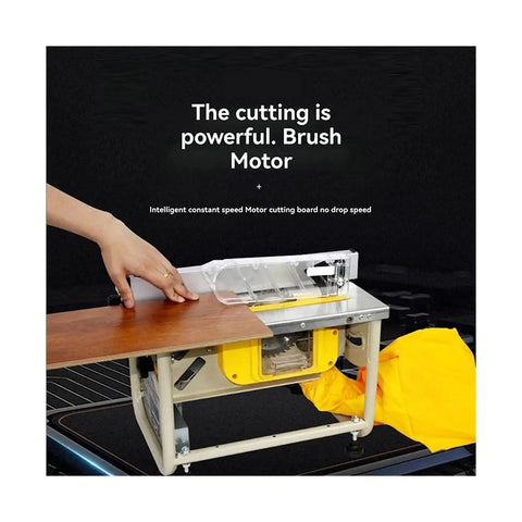 Badass Portable Woodworking Table Saw With Beefy Electric Motor And Quick 45 Degree Fence Locks For Dust Free Diy Carpentry And Slick Finish Cuts Around The House Today in use with wooden board.