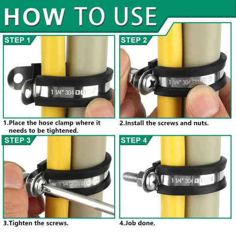 Step-by-step guide for installing Half Inch Stainless Steel Rubber Coated Pipe And Wire Clamps Kit, 30 Pieces on pipes.
