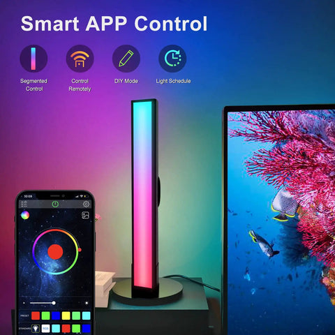 Lit RGB LED Smart Light Bars For TV And PC Backlighting displayed with smart app control and vibrant screen colors.
