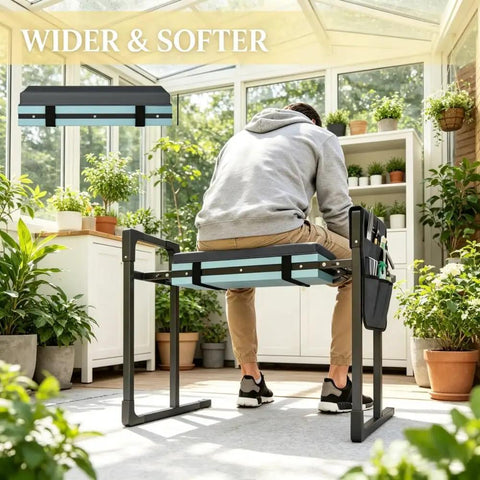 Person sitting on a 2 In 1 Garden Kneeler And Seat With Thick Cushion And Tool Pouch Wider 15.4 Inch Foldable Outdoor Bench