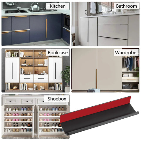6 Pack Self Adhesive Drawer Pulls Black 5.9 Inch Back Mount Finger Edge Handles for Cabinets and Furniture Projects shown in use.