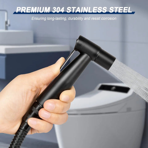 Hand using High Pressure Handheld Bidet Sprayer Kit For Toilet With Soft And Jet Modes in matte black stainless steel