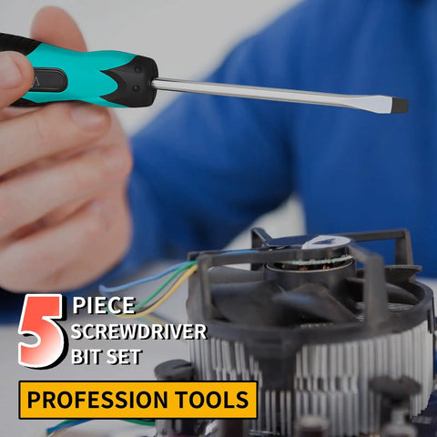 Person using Magnetic Screwdriver Set 5 Piece Slotted And Phillips With Ergonomic Non Slip Handles Permanent Magnetic Tips Rust Resistant Heavy Duty Toolkit Built To Last In Viridian Green