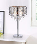 Chrome Crystal Accent Three Light Table Lamp With Steel Base And Wish Metal Shade on white table in bright room