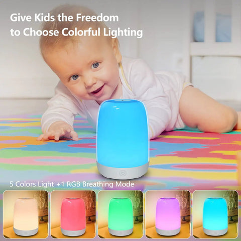 Nursery Night Light For Kids With Dimmable Warm White Glow And 5 Color Changing Modes, USB Rechargeable Lamp on playmat