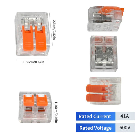 50 Pack Compact Inline Wire Connectors Kit With No Fuss Push In Splice Nuts, 2 Port Design For 24-10 AWG Wiring dimensions and specs