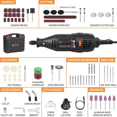 GOXAWEE rotary tool side view with 140-piece accessory kit and carrying case; black handheld tool with orange switch.