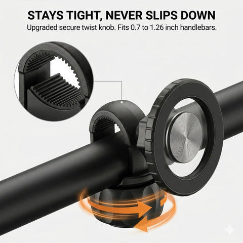 Rock Solid Magnetic Golf Push Cart Phone Holder With Heavy Duty Nailed Down N52 Mount showing twist knob for secure grip on handlebars.